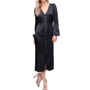 En Saison Lizette Satin Flower Button Down Puff Sleeve Dress. Black M  #783 NWOT